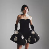 birthday outfits Popular Women's French Hepburn Style Tube Top Pettiskirt Black Flower Bandage Dress New