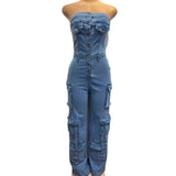 birthday outfits 2024 New Tube Top Multi-Pocket Workwear Jeans Jumpsuit Suit Multi-Button Women's Clothing