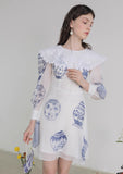 Dodobye Blue And White Porcelain Embroidered Large Lapel Long-Sleeved Dress