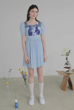 Dodobye Blue And White Rabbit Embroidered Square-Neck Short-Sleeved Dress