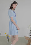 Dodobye Blue And White Rabbit Embroidered Square-Neck Short-Sleeved Dress