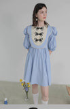 Dodobye Blue Butterfly Plate Button Short-Sleeved Dress