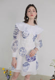 Dodobye Blue And White Porcelain Embroidered Large Lapel Long-Sleeved Dress