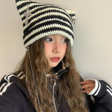 grunge outfits Fur Ball Style Ins Little Devil Striped Knitted Wool Hat Punk Style Cat Ears Cute Pointed Hat Curling Cold Hat