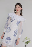 Dodobye Blue And White Porcelain Embroidered Large Lapel Long-Sleeved Dress