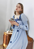 Dodobye Blue And White Rabbit Embroidery Polka Dot Square Collar Dress