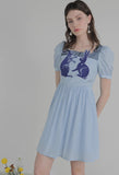 Dodobye Blue And White Rabbit Embroidered Square-Neck Short-Sleeved Dress