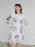 Dodobye Blue And White Porcelain Embroidered Large Lapel Long-Sleeved Dress