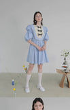 Dodobye Blue Butterfly Plate Button Short-Sleeved Dress