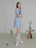 Dodobye Blue And White Rabbit Embroidered Square-Neck Short-Sleeved Dress