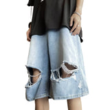 90s streetwear Summer Fashion Brand Thin Knee Ripped Jeans Men's American-Style Loose Straight Wide-Leg Pants Trendy Shorts