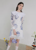 Dodobye Blue And White Porcelain Embroidered Large Lapel Long-Sleeved Dress