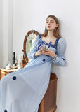 Dodobye Blue And White Rabbit Embroidery Polka Dot Square Collar Dress