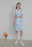 Dodobye Blue And White Watercolor Print Butterfly Collar Dress