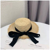 Dodobye Summer French Style Tied Women's Frayed Beach Lace Straw Hat