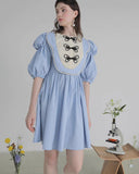 Dodobye Blue Butterfly Plate Button Short-Sleeved Dress