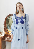 Dodobye Blue And White Rabbit Embroidery Polka Dot Square Collar Dress