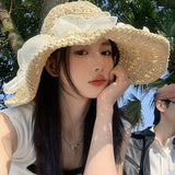 Dodobye Straw Hat Women's Summer Breathable Beach Cover Full Face Lace