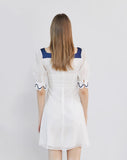 Dodobye Blue And White Rabbit Embroidered Pearl Retro Square Neck Dress