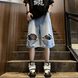 90s streetwear Summer Fashion Brand Thin Knee Ripped Jeans Men's American-Style Loose Straight Wide-Leg Pants Trendy Shorts