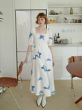 Dodobye Blue Dragon Cloud Print Short Sleeve Long Dress