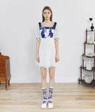 Dodobye Blue And White Rabbit Embroidered Pearl Retro Square Neck Dress