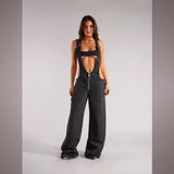 Dodobye 90s streetwear Style Zipper Denim Suspender Pants Women's Autumn Loose Casual Pocket Wide Leg Pants Women