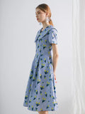 Dodobye Blue Tulip Retro Lapel Short-Sleeved Dress