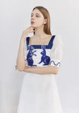 Dodobye Blue And White Rabbit Embroidered Pearl Retro Square Neck Dress