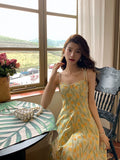 Dodobye-Painting Long Dress Seaside Vacation Beach Dress French Style Vintage Floral Strap Dress Women's Summer