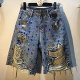 Dodobye 90s streetwear European Station Summer European New Style Heavy Industry Diamond Beaded High Waist Slimming Ripped Straight Shorts Middle Pants