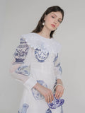 Dodobye Blue And White Porcelain Embroidered Large Lapel Long-Sleeved Dress