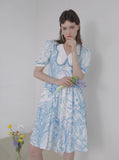 Dodobye Blue And White Watercolor Print Butterfly Collar Dress