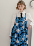 Dodobye Blue Cat And Vase Print Suspender Dress