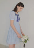 Dodobye Blue And White Rabbit Embroidered Square-Neck Short-Sleeved Dress