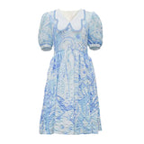 Dodobye Blue And White Watercolor Print Butterfly Collar Dress