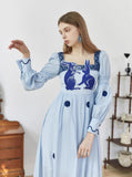 Dodobye Blue And White Rabbit Embroidery Polka Dot Square Collar Dress