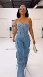 birthday outfits 2024 New Tube Top Multi-Pocket Workwear Jeans Jumpsuit Suit Multi-Button Women's Clothing