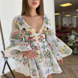 birthday outfits 2024 Summer New Women's Mesh Embroidered Design Lantern Sleeve Fairy Dress Birthday Party Dress