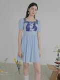 Dodobye Blue And White Rabbit Embroidered Square-Neck Short-Sleeved Dress