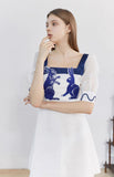 Dodobye Blue And White Rabbit Embroidered Pearl Retro Square Neck Dress