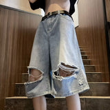 Dodobye 90s streetwear Summer Fashion Brand Thin Knee Ripped Jeans Men's American-Style Loose Straight Wide-Leg Pants Trendy Shorts