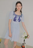 Dodobye Blue And White Rabbit Embroidered Square-Neck Short-Sleeved Dress