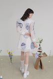 Dodobye Blue And White Porcelain Embroidered Large Lapel Long-Sleeved Dress