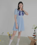 Dodobye Blue And White Rabbit Embroidered Square-Neck Short-Sleeved Dress