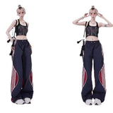 Dodobye 90s streetwear American Quick-Drying Pants Jazz Dance Color Matching Sports Casual Drawstring Overalls Women's Thin Wide-Leg Pants