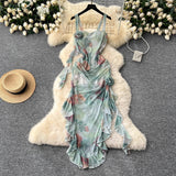 prom dresses Dress Women's Three-Dimensional Flower Ruffled Irregular Strap Printed Holiday Dress