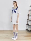 Dodobye Blue And White Rabbit Embroidered Pearl Retro Square Neck Dress