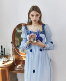 Dodobye Blue And White Rabbit Embroidery Polka Dot Square Collar Dress