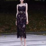 Dodobye pink dress Niche Sequined Black Lace Ribbon Three-Dimensional Flower Sexy Slim Strap Dress Long Dress for Women